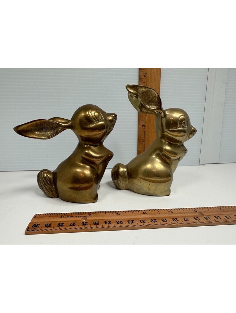 Vintage Brass Rabbit Pair Figurines 4" Korea Sitting Bunny Statue Easter Decor